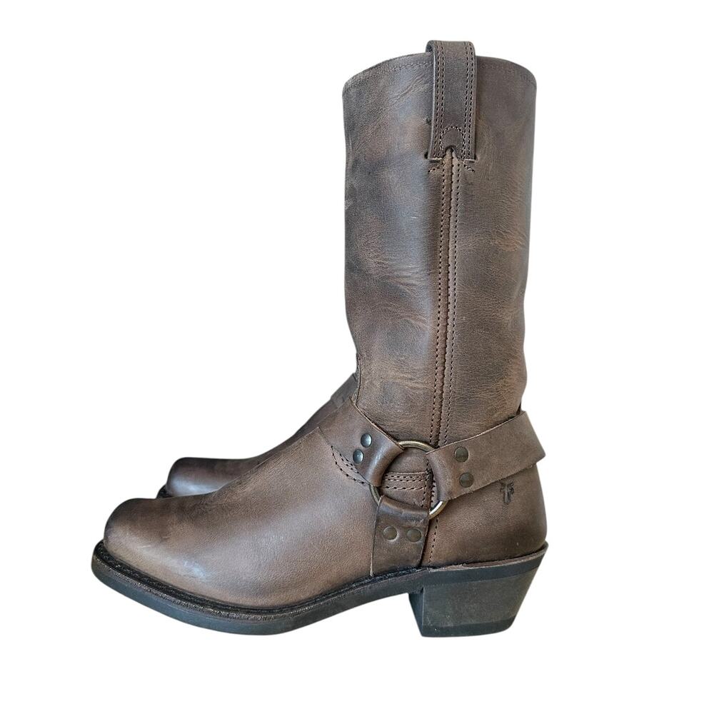 Frye Brown Leather Square Toe Mid Calf Harness Boot Size 9.5